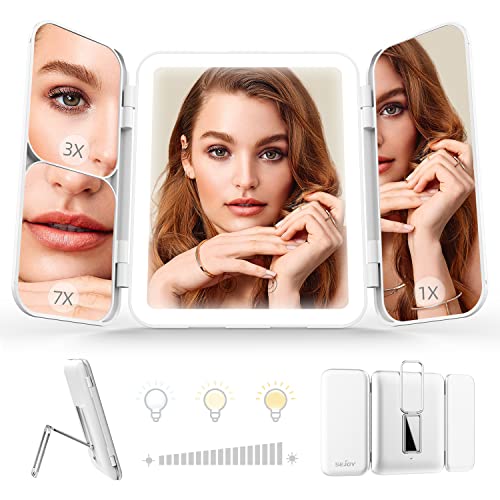 Purple Travel Makeup Mirror with 64 LED Lighted Vanity Mirror 1X 3X 7X Magnification Tri-Fold Compact Mirror Touch Light Rechargeable P629