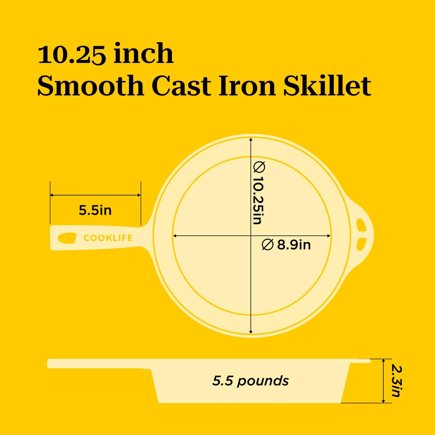 10.25 Inch Smooth Pre-Seasoned Round Cast Iron Skillet with Handle Cover Q974