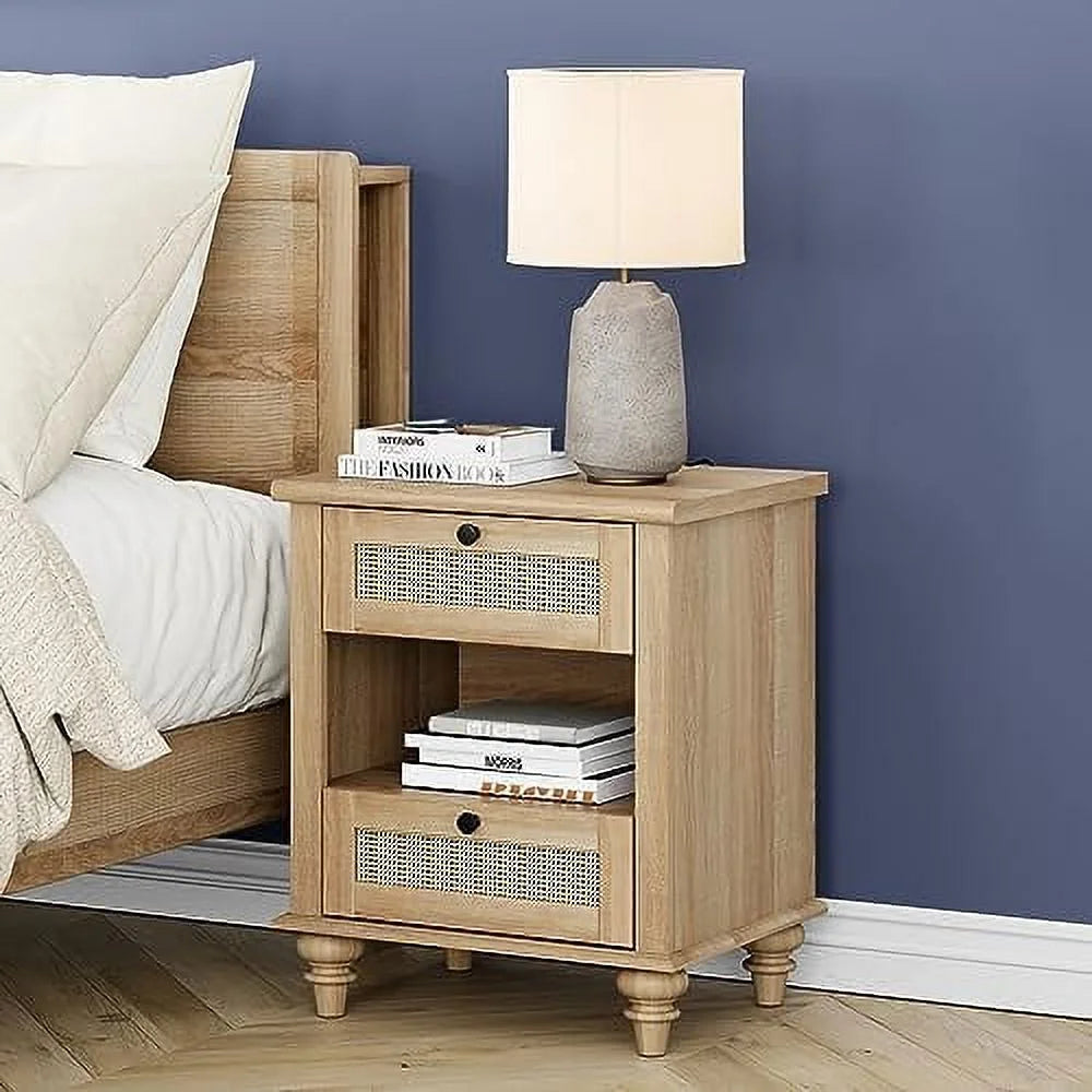 Natural Wood Rattan Nightstand with 2 Drawers R62860