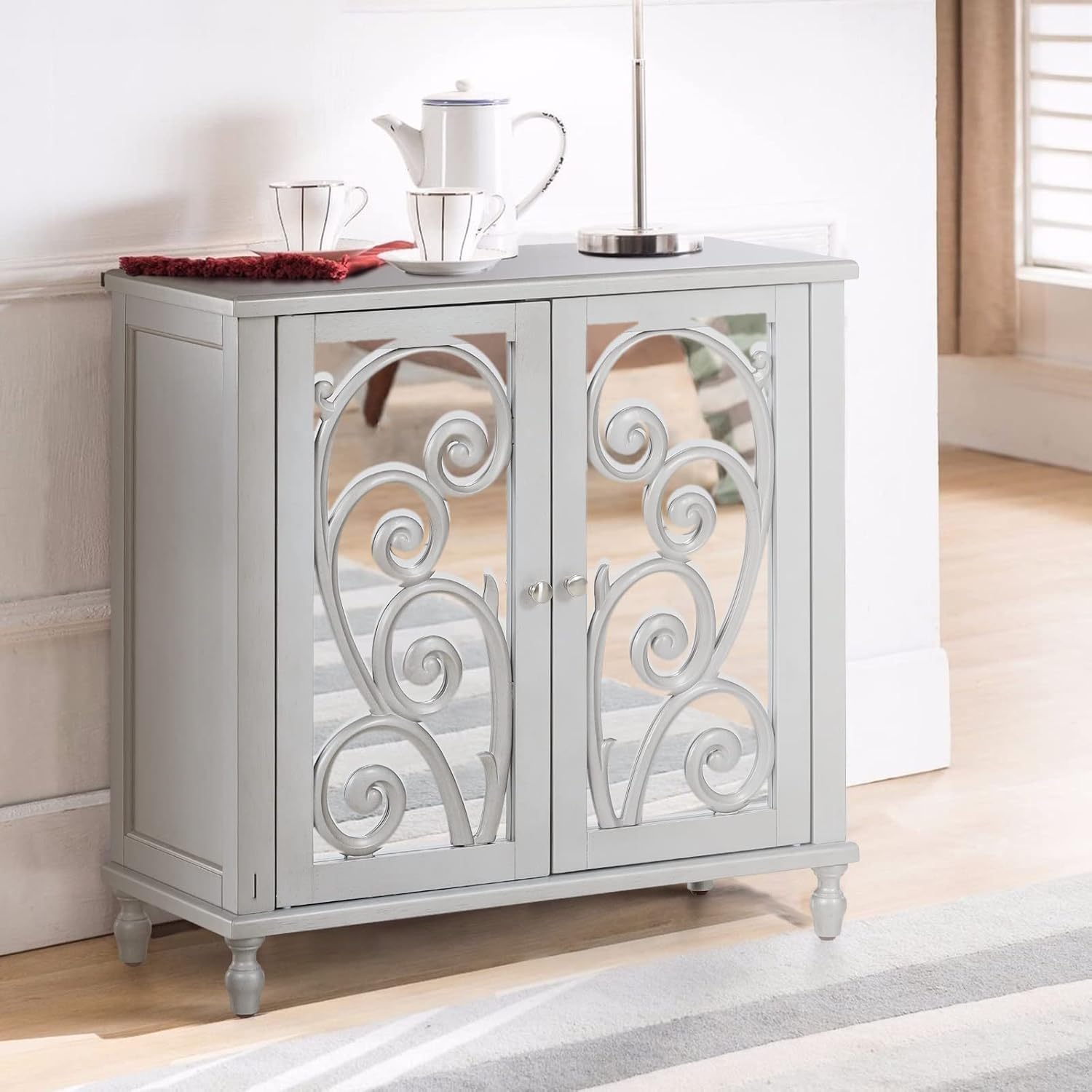 Wood Sideboard Cabinet with Glass Double Doors and Adjustable Shelves N674