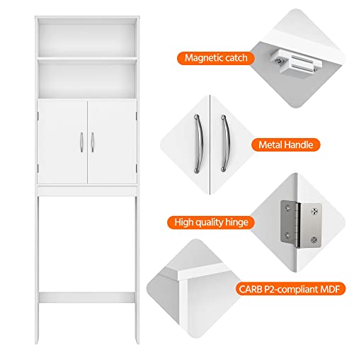 White Over The Toilet Storage Cabinet with Adjustable Shelves and Double Doors, 77 in H N5151