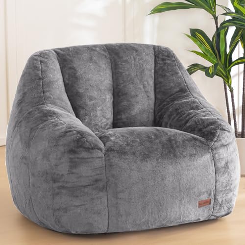 Beige Faux Fur Bean Bag Chair with Back Support L596304