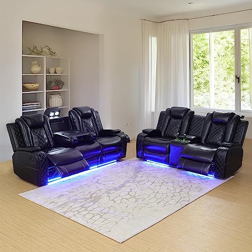 3 Piece Cream White Leather Recliner Sofa Set with LED Lights W304022