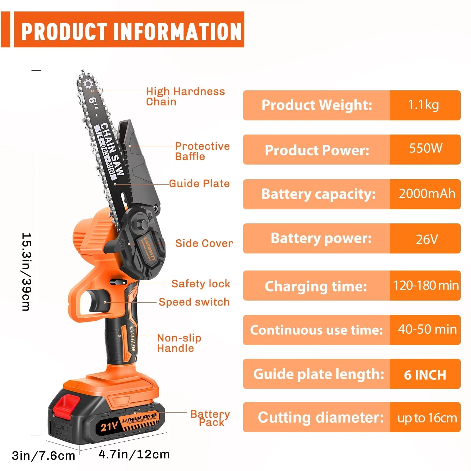 6-Inch Cordless Handheld Chainsaw with 2 Batteries 2 Chains Q6440