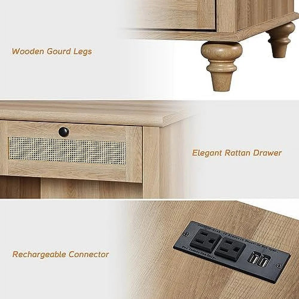 Natural Wood Rattan Nightstand with 2 Drawers R62860