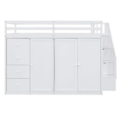 Gray Wood Loft Bed with Stairs and Wardrobe A716898