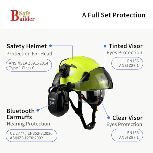 Safety Helmet with Visor Bluetooth Ear Muffs SNR 26dB Hard Hat Vented Y909367