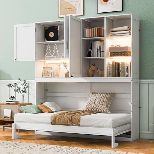 Grey Twin Murphy Bed with Storage Bookcase and Shelves Z61683