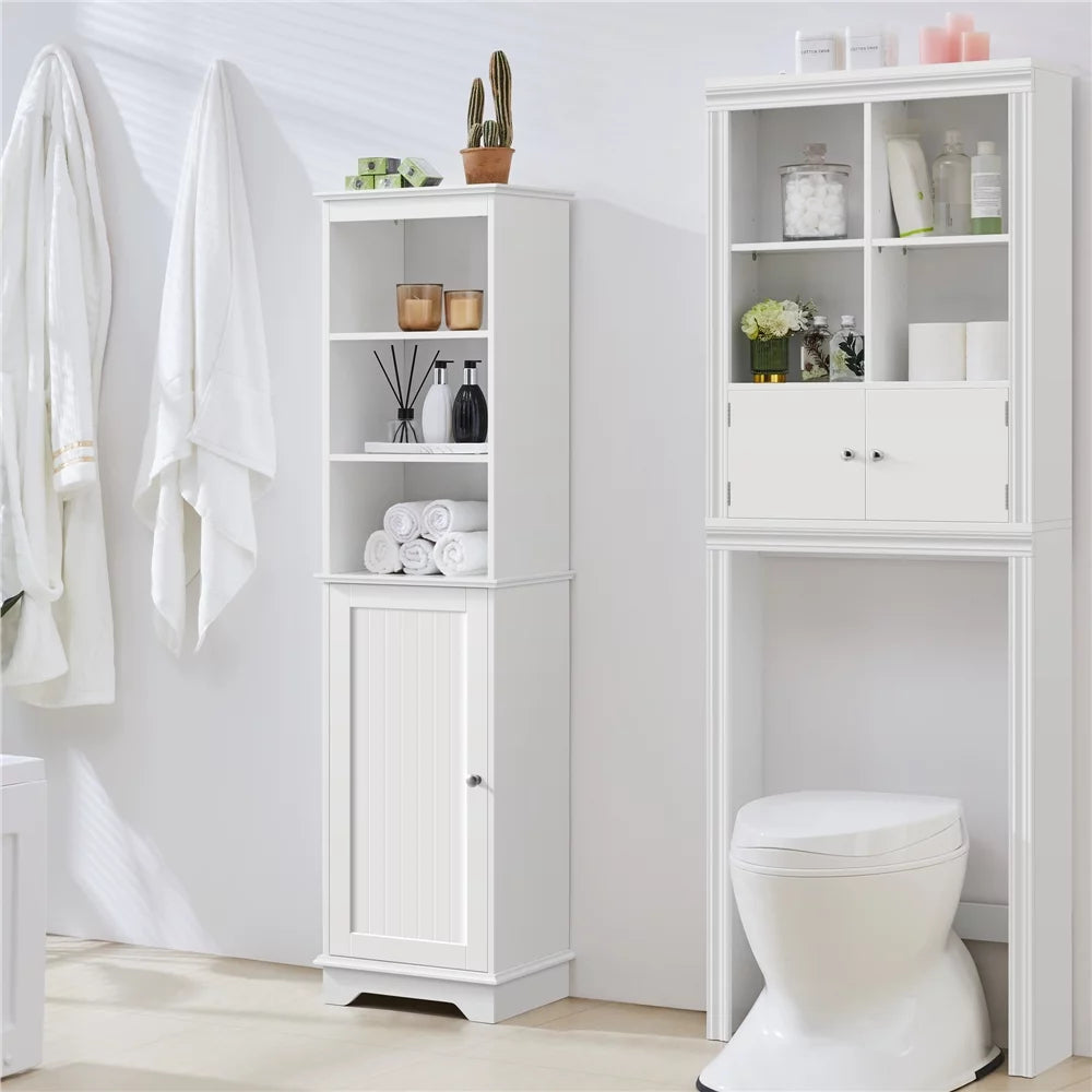 White Tall Wooden Bathroom Floor Cabinet with Single Door and Shelves D770