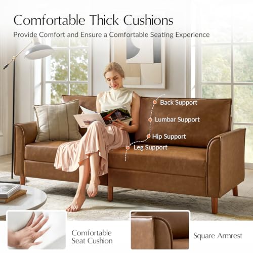 Brown Faux Leather 3-Seater Sofa with Solid Wood Legs I1454