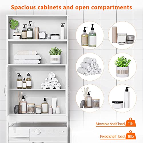 White Over The Toilet Storage Cabinet with Adjustable Shelves and Double Doors, 77 in H N5151