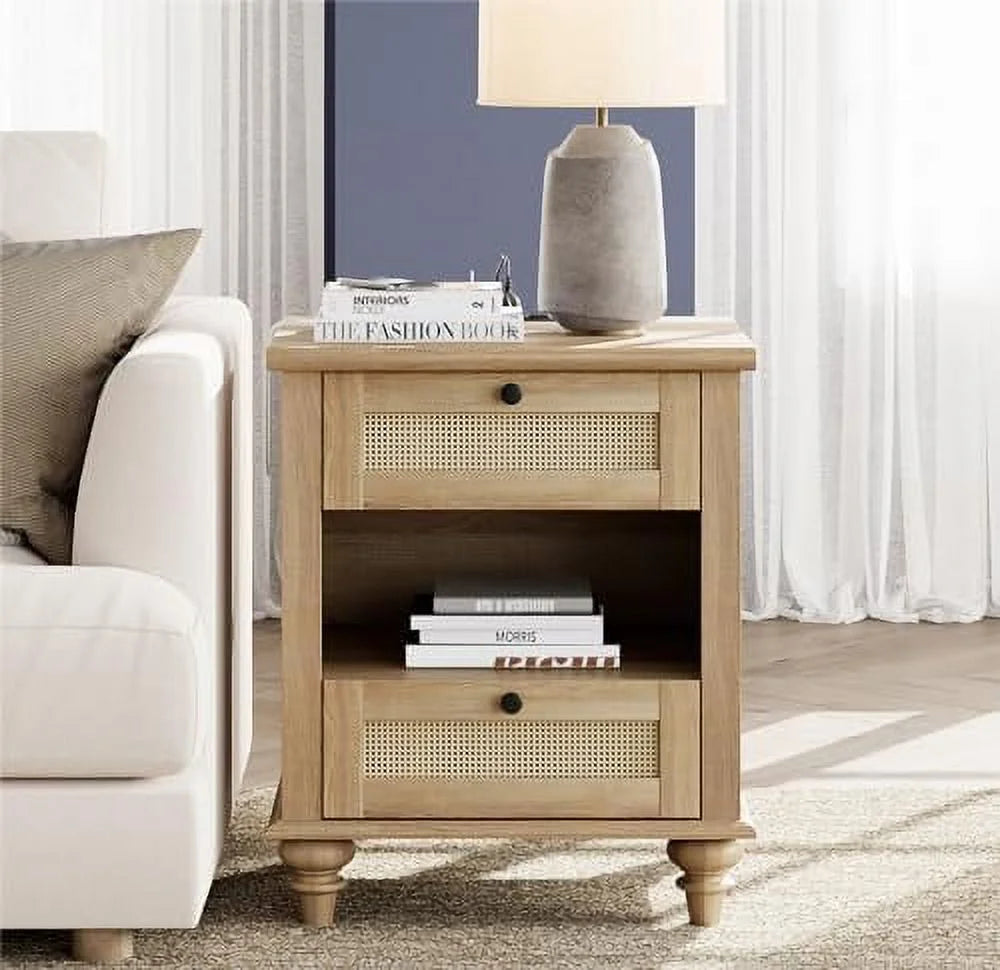 Natural Wood Rattan Nightstand with 2 Drawers R62860