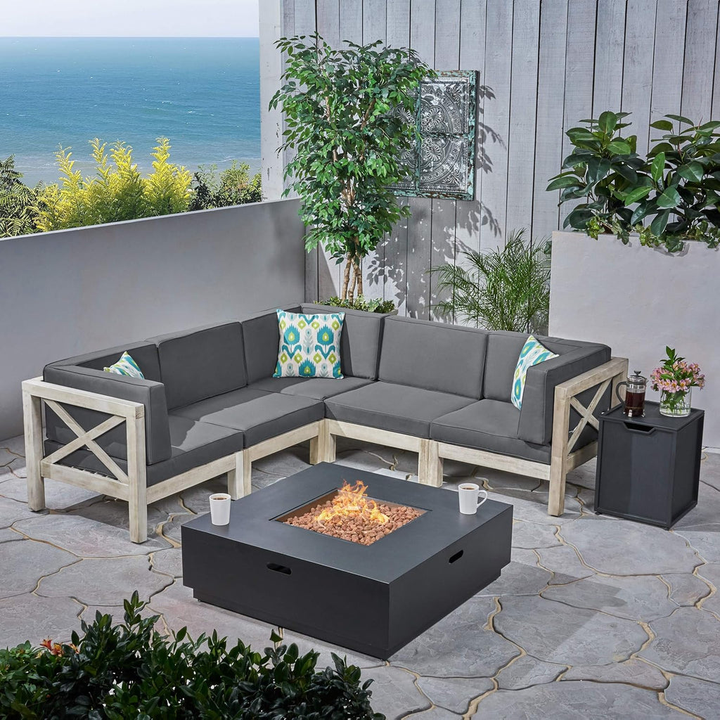 Weathered Gray and Dark Gray Acacia Wood 5 Seater Sectional Sofa Set with Fire Pit V882118