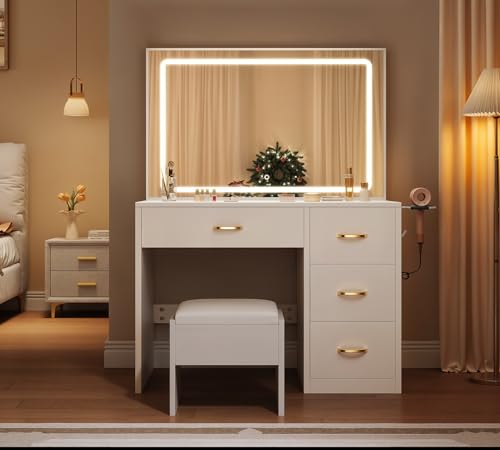 White Vanity Desk with LED Mirror and 4 Drawers T668