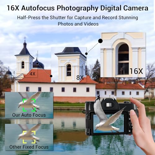 56MP 16X Digital Zoom WiFi 3'' 180° Flip Screen Compact Camera with 2 Batteries 64GB Micro SD Card (Black) A100753