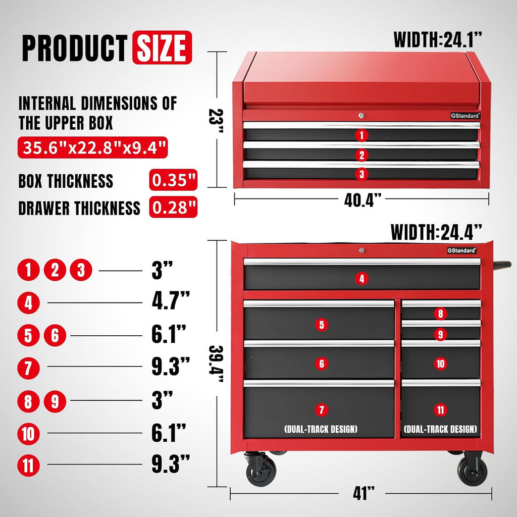 Black/Red 41-Inch 11 Drawers Heavy-Duty Steel Tool Chest and Cabinet I4302