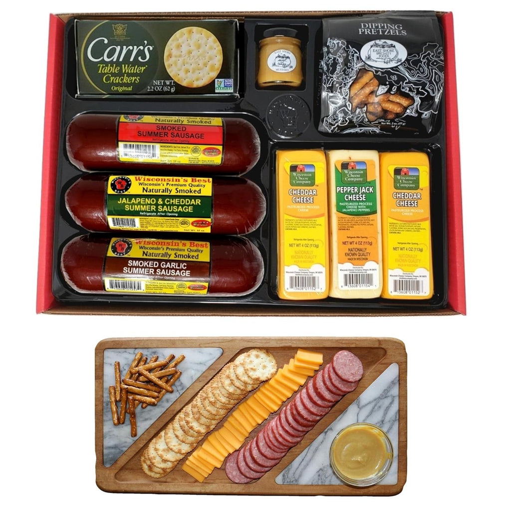 Smoked Summer Sausages Wisconsin Cheeses Crackers Pretzels Mustard Gift Basket B1126