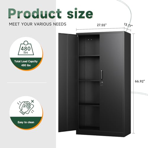 Metal Black Storage Cabinet with Adjustable Shelves and Lock Door V4318