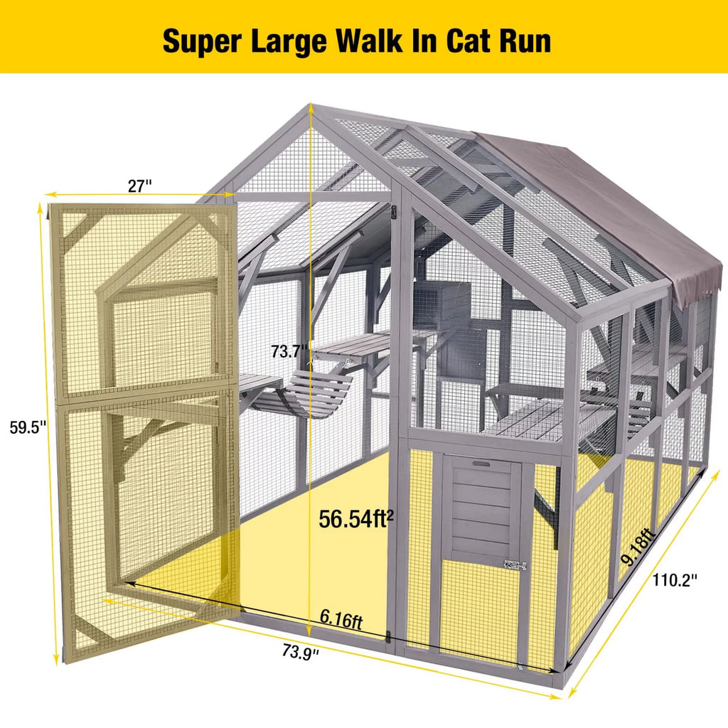 110'' Extra Large Wooden Catio Cage with Roof Cover Y224