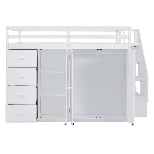 Gray Wood Loft Bed with Stairs and Wardrobe A716898