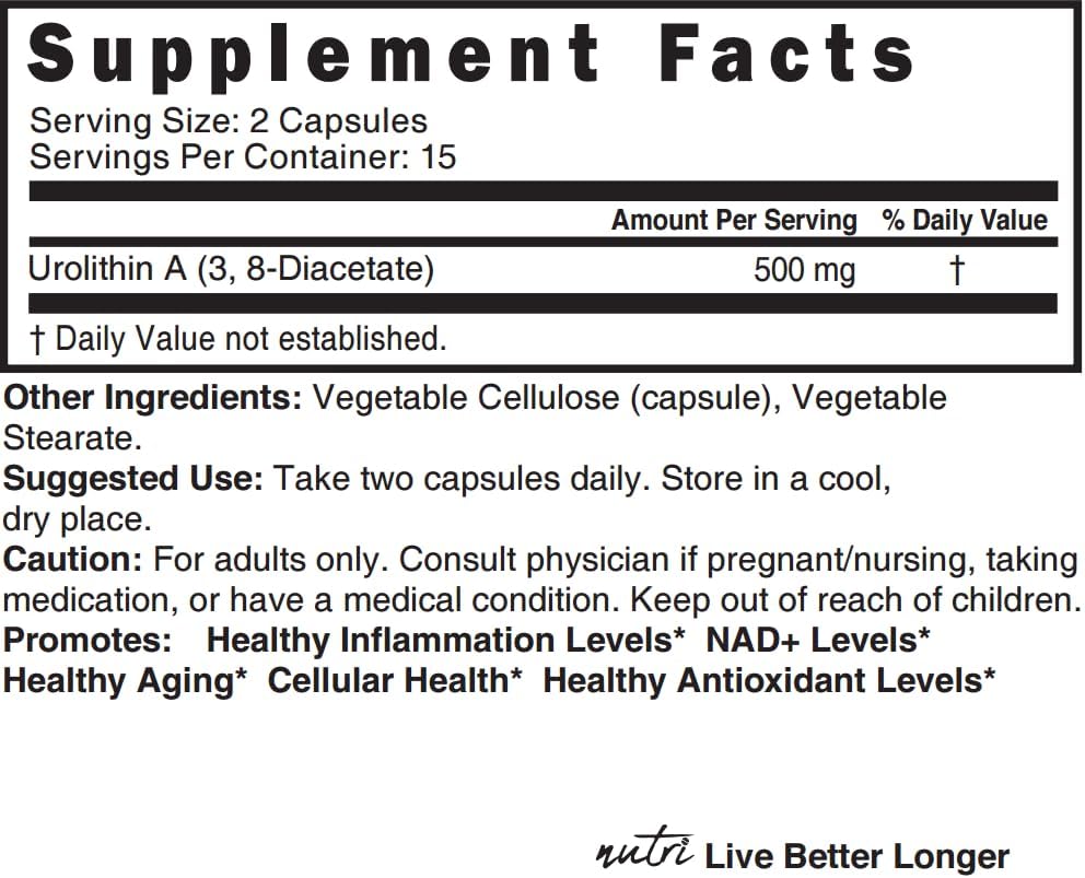 Urolithin A Supplement 500 mg 30 Vegan Capsules W689