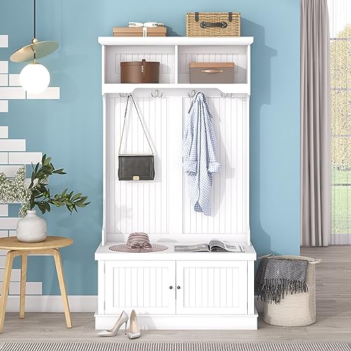 White Hall Tree with Storage Shoe Bench and 4 Hooks Y321784