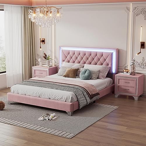 Queen Size Velvet Upholstered Platform Bed with 2 Nightstands Z5554