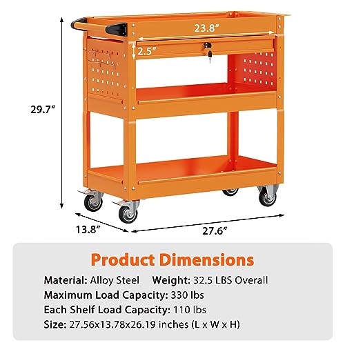 3-Tier Heavy Duty Utility Cart with Drawer, 350 Lbs Load Capacity (Black) M144668