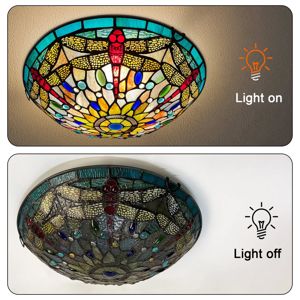 Red Dragonfly Stained Glass Flush Mount Ceiling Light B749