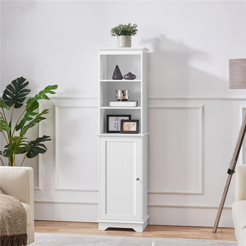 White Tall Wooden Bathroom Floor Cabinet with Single Door and Shelves D770
