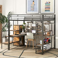 White Full Size Metal Loft Bed with Storage Staircase and Wardrobe X625827