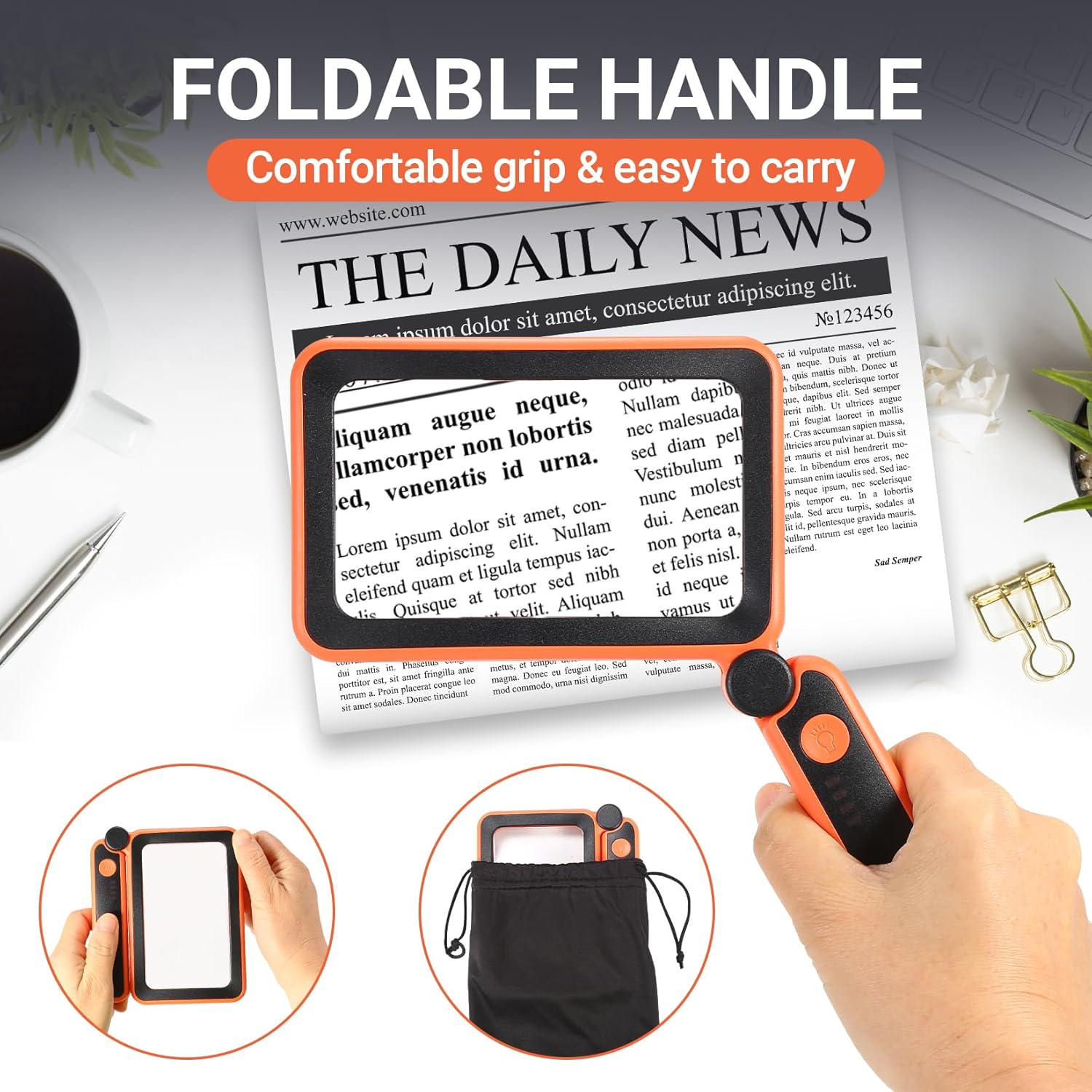 Rechargeable LED Magnifying Glass 5X Folding Rectangular Handheld Lighted Magnifier K10838
