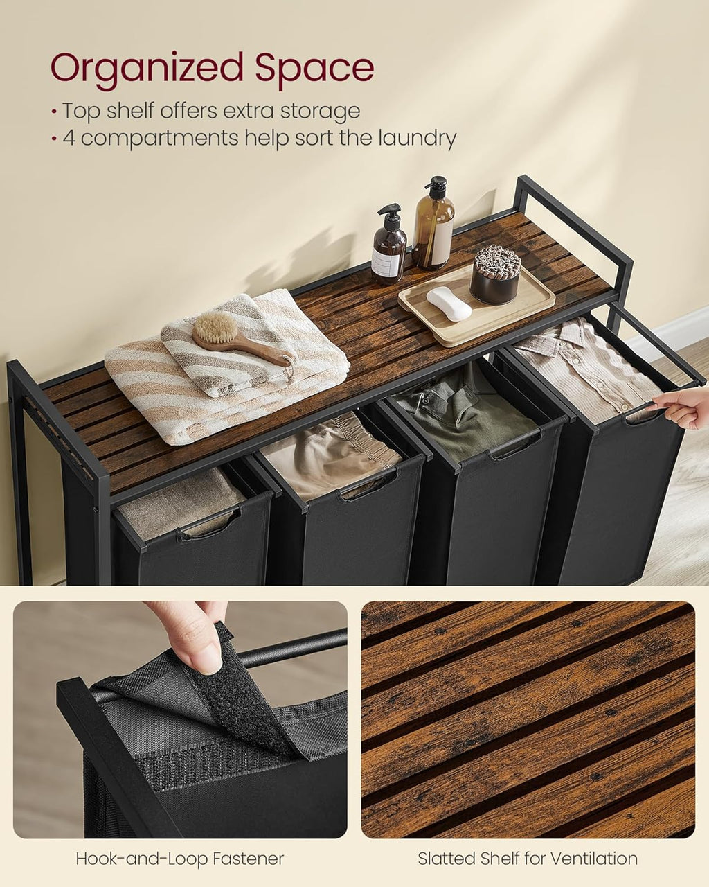 Rustic Brown and Black Laundry Hamper with 4 Removable Bags Q220488