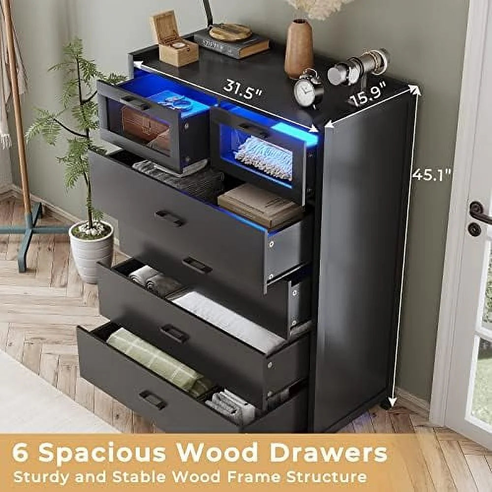 6 Drawer Wooden Dresser with LED Lights D8462
