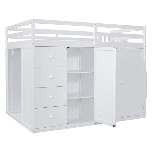 Gray Wood Loft Bed with Stairs and Wardrobe A716898