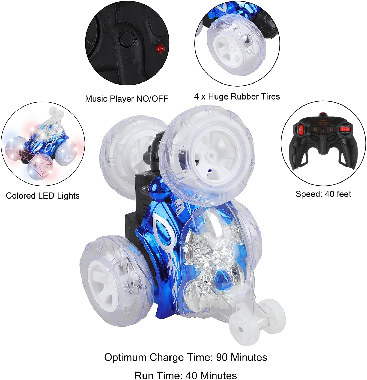 Remote Control Stunt Car with Colorful Lights & Music Switch, Rechargeable (Bule) M467