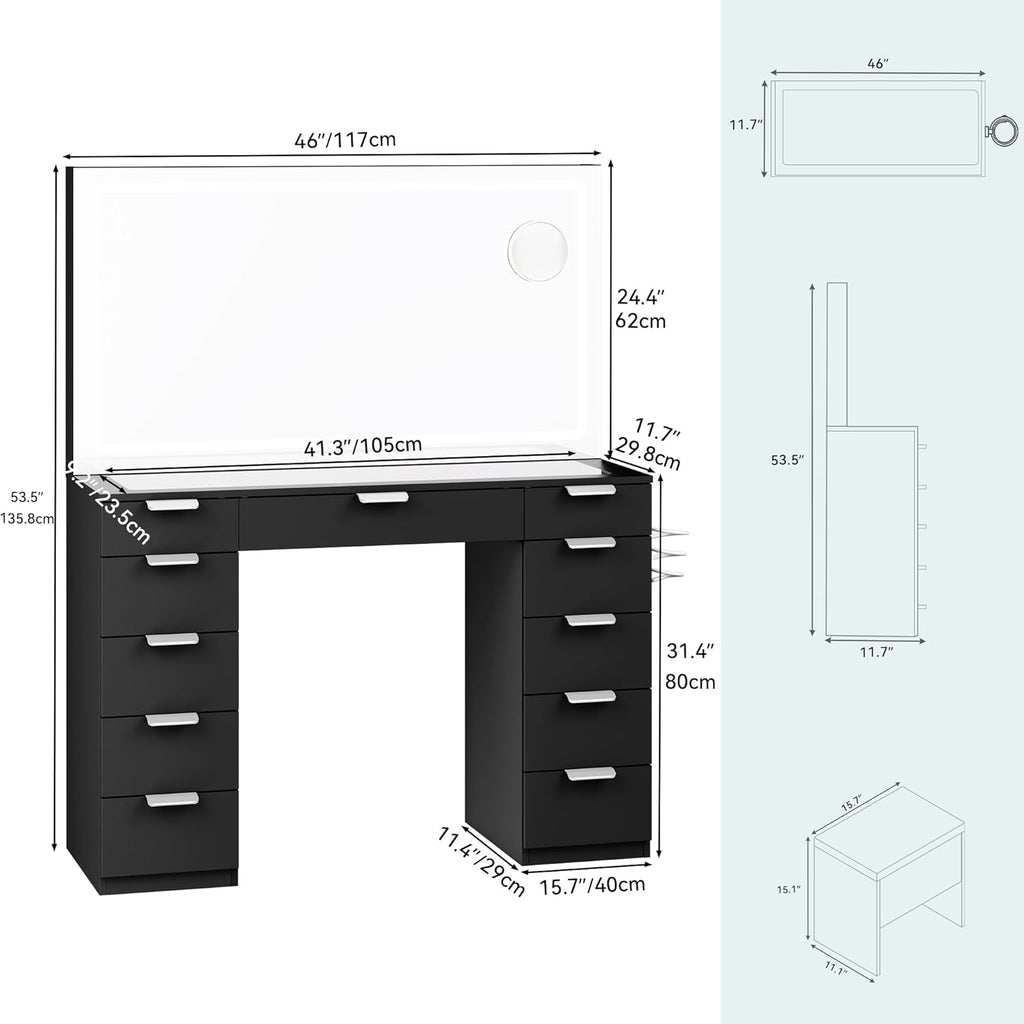 Black Vanity Desk with 11 Drawers and LED Mirror E828