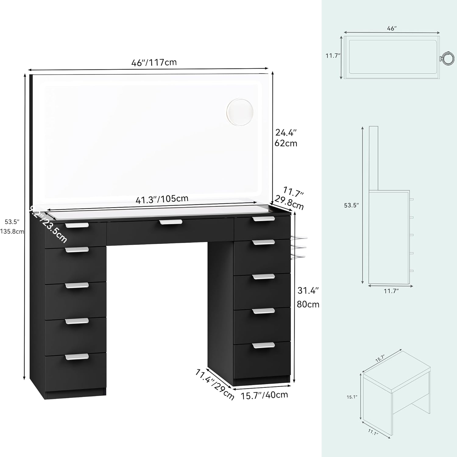 Black Vanity Desk with 11 Drawers and LED Mirror E828