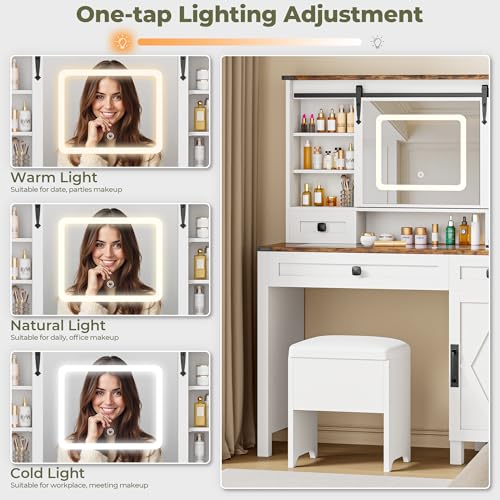 Vanity Desk with Sliding Mirror & Lights, Glass Top, 4 Drawers & Storage Cabinet, Cushioned Stool M629950