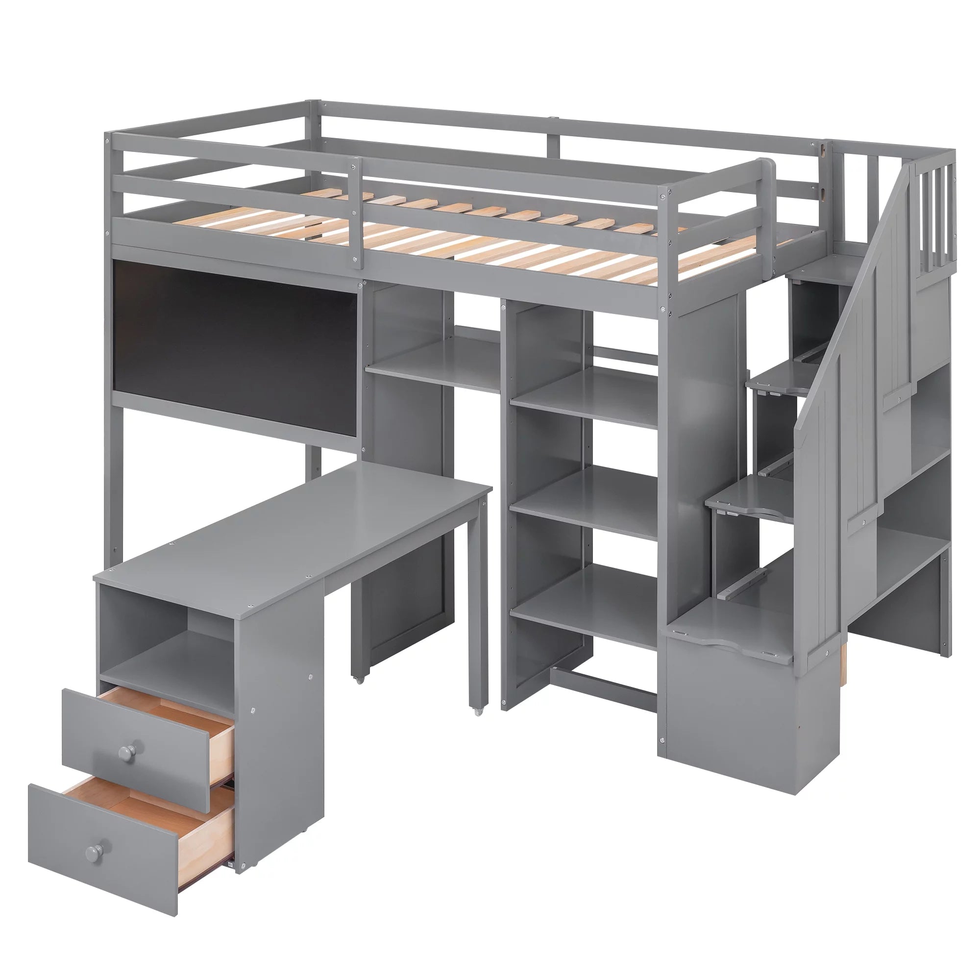 Grey Twin Size Wood Loft Bed with Desk and Storage L789126