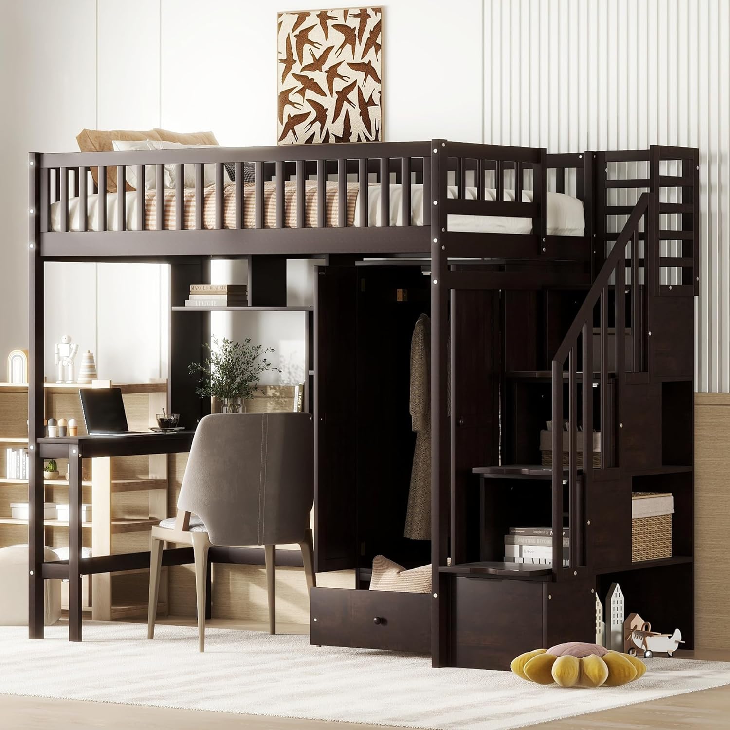 Twin Size Solid Wood Loft Bed with Stairs, Desk, Bookshelf, Drawers and Wardrobe G609