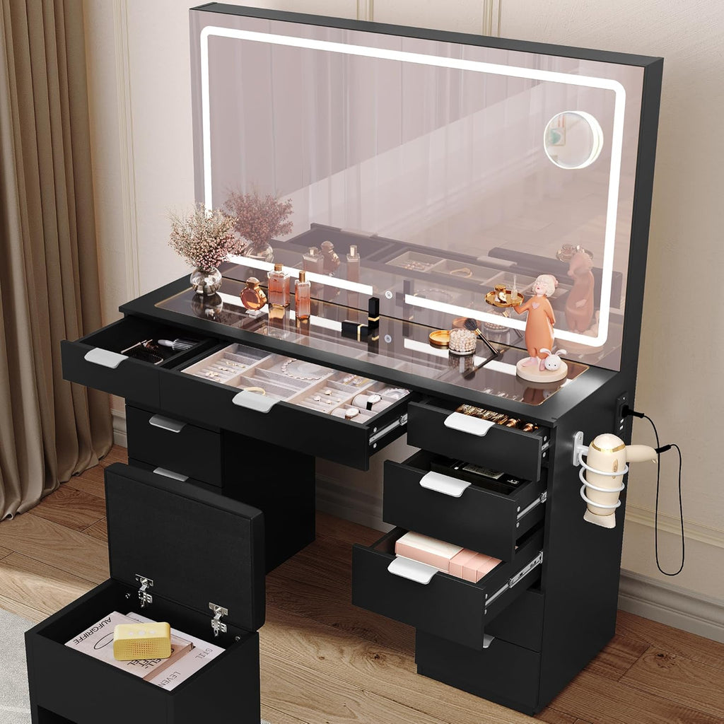 Black Vanity Desk with 11 Drawers and LED Mirror E828