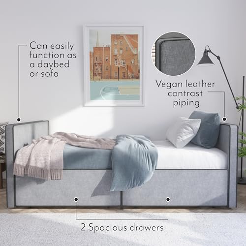 Twin Size Platform Bed Frame with 2 Storage Drawers in Gray Fabric H368