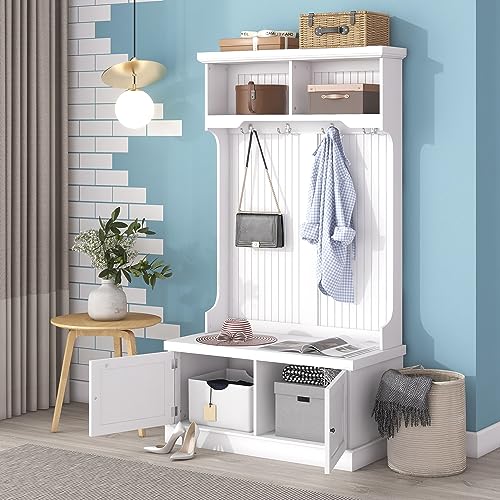 White Hall Tree with Storage Shoe Bench and 4 Hooks Y321784