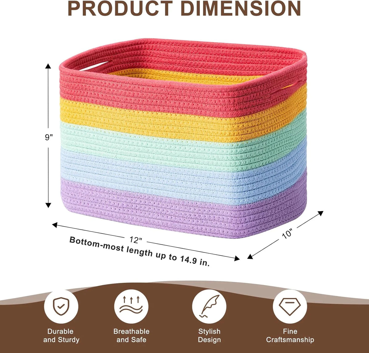 12”x10”x9” Woven Storage Basket with Handles (4 Pack, Rainbow) D105284
