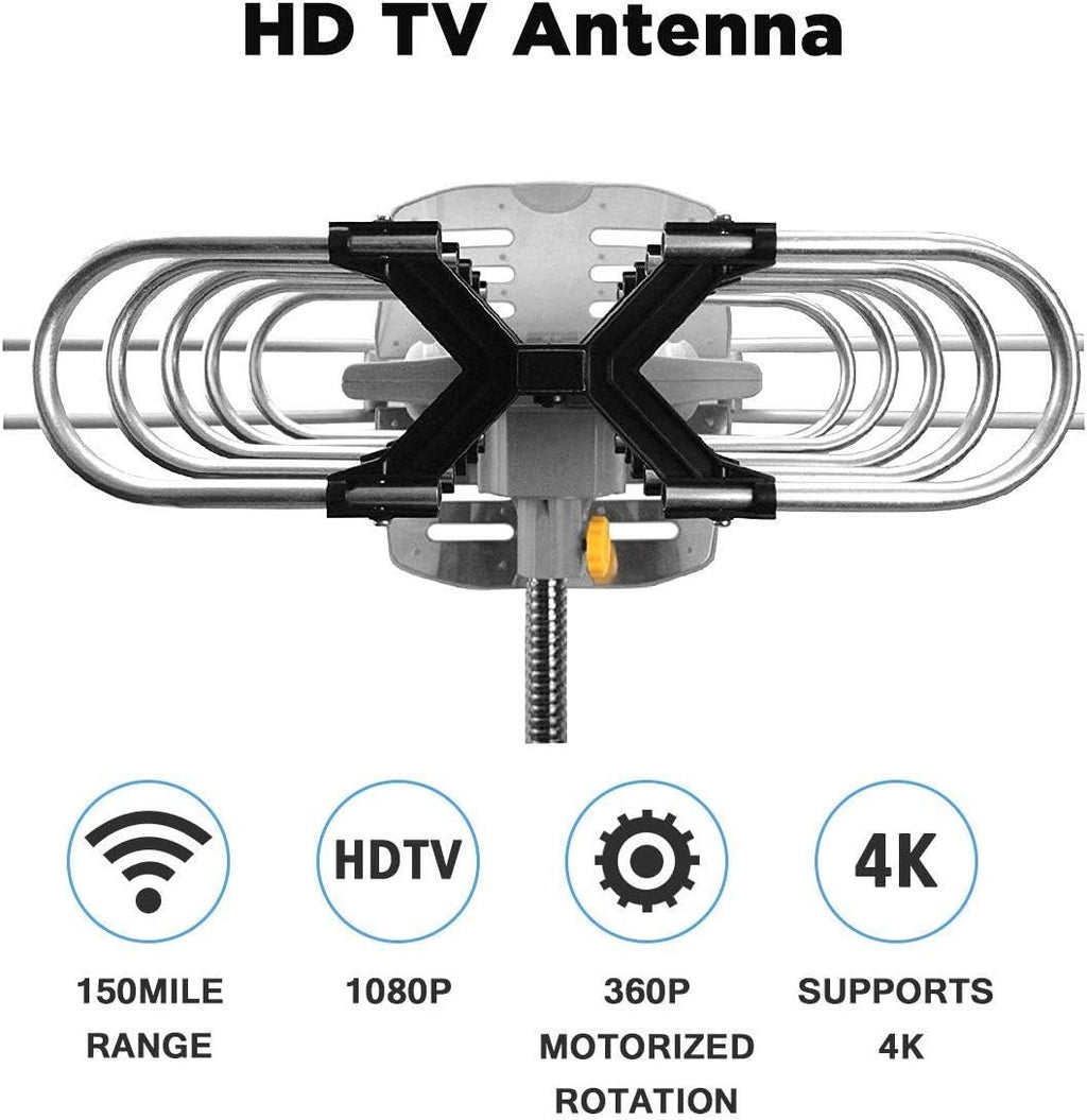 Amplified Digital HDTV Antenna 150 Miles Range 360 Degree Rotation with Mounting Pole & 33 ft RG6 Coax Cable A710593