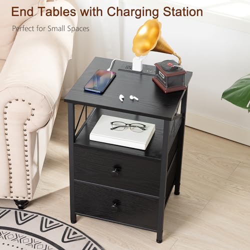 Dark Grey Nightstand Set 2 with Fabric Drawers and Charging Station A657577