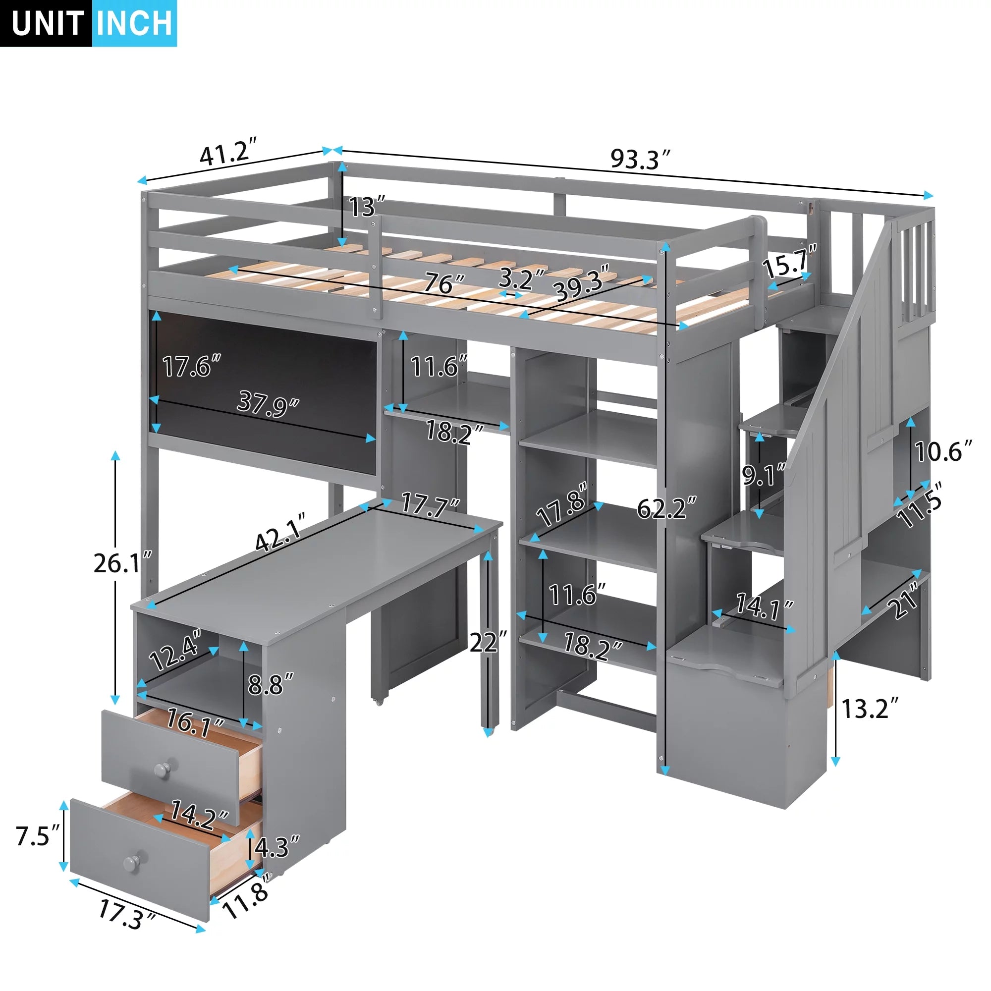 Grey Twin Size Wood Loft Bed with Desk and Storage L789126