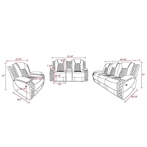 3 Piece Cream White Leather Recliner Sofa Set with LED Lights W304022