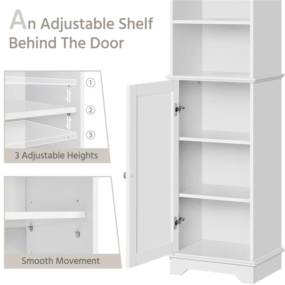 White Tall Wooden Bathroom Floor Cabinet with Single Door and Shelves D770